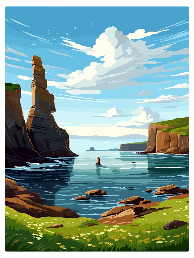 Vector duncansby stacks scotland vintage travel poster souvenir postcard portrait painting wpa illustration