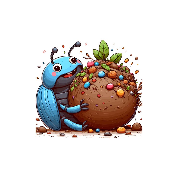 Vector dung beetle proudly rolling a ball of organic material decorated with natural treasures