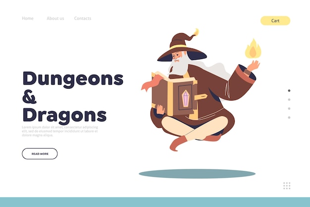 Dungeon and dragons concept of landing page with wizard sorcerer read spell book levitating