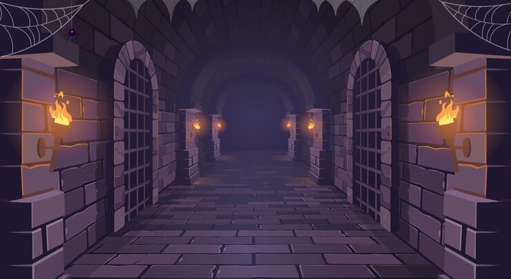 वेक्टर dungeon long medieval castle corridor with torches interior of ancient palace with stone arch
