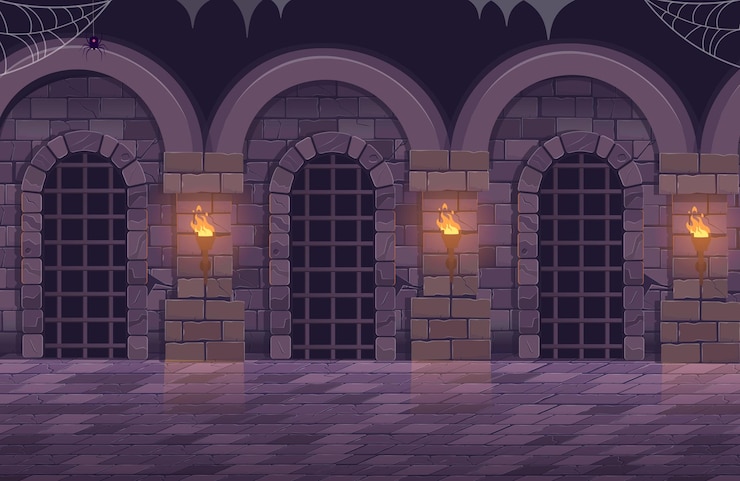 वेक्टर dungeon with a long corridor. medieval castle corridor with torches and doors with bars. interior