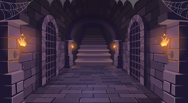 Dungeon with a long corridor with ladder Steps up Medieval castle corridor with torches and doors