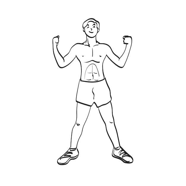 Dunne bodybuilder poseert met zijn lichte spieren illustratie vector met de hand getekend geïsoleerd