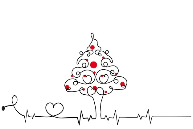 Dunne doorlopende lijn kerstboom met harten symbool vector één lijn dennenboom liefde teken