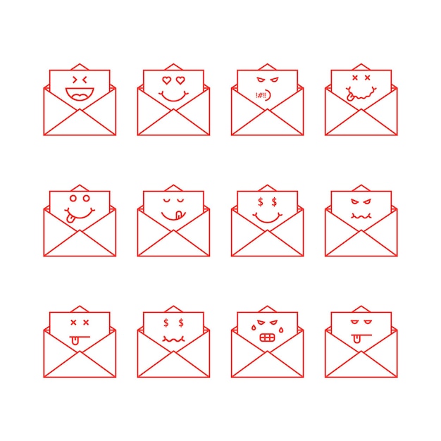 Dunne lijn emoji set berichten in letters. concept van mailbox, eenvoudige chat, foodie yum, humor, verdrietig, tevreden, haat, verveeld, woede, dood. vlakke stijl trend modern logo grafisch ontwerp op witte achtergrond