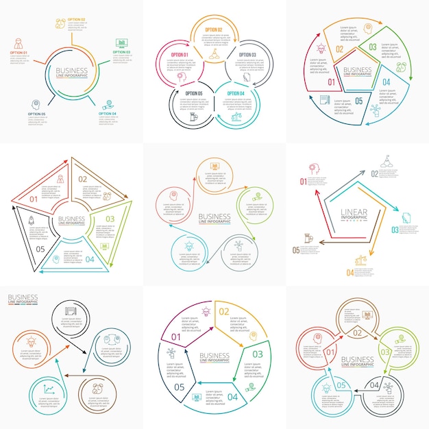 Dunne lijn platte cirkels vijfhoeken en andere elementen voor infographic met 5 opties