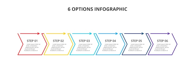 Dunne lijn platte elementen met pijlen voor infographic sjabloon voor tijdlijn met 6 stappen