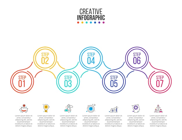 Dunne lijn platte elementen voor infographic met 7 opties, onderdelen, stappen of processen.