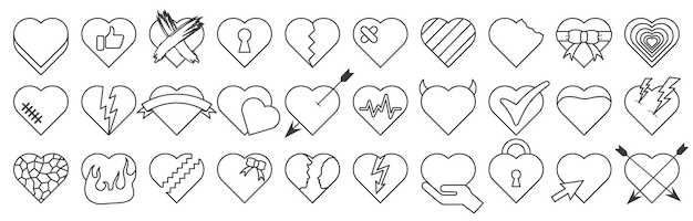 Dunne lijn van harten Creatieve romantische symbolen van verschillende vormen geïsoleerd op een witte achtergrond