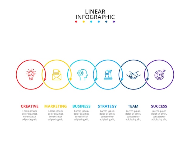 Dunne lijncirkels voor infographic met 6 stappen, opties, onderdelen of processen