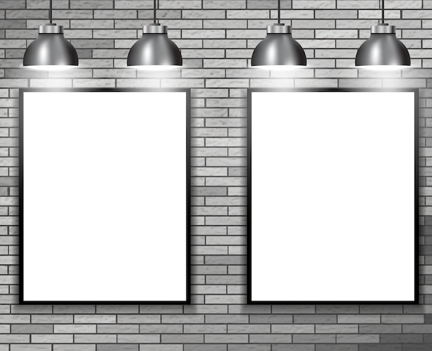 Duo blank frame on brick wall with lamp nice show wall with spotlights Vector illustration