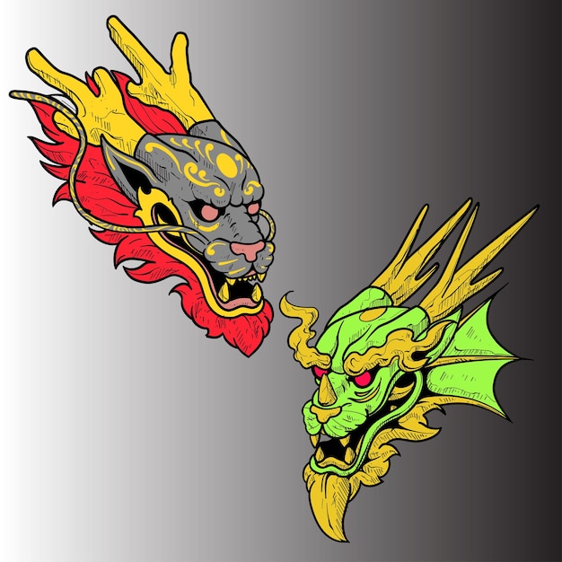 Duo Dragon Head Vector Set