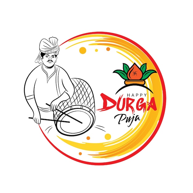 Durga Puja-groeten met man die dholak-illustratie speelt