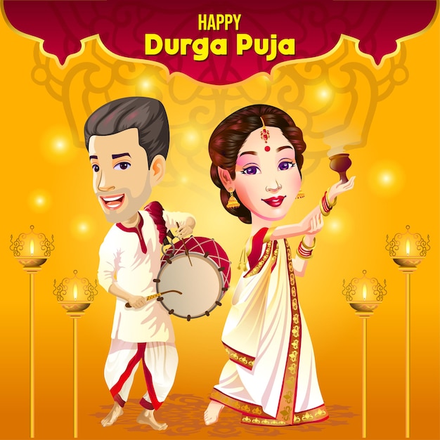 Vector durga puja navratri-festivalwensen met danser en drummer