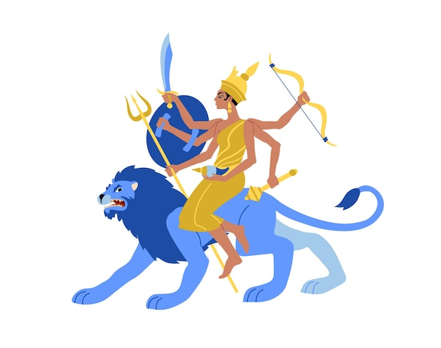 Durga riding a lion. An ancient Hindu goddess.
