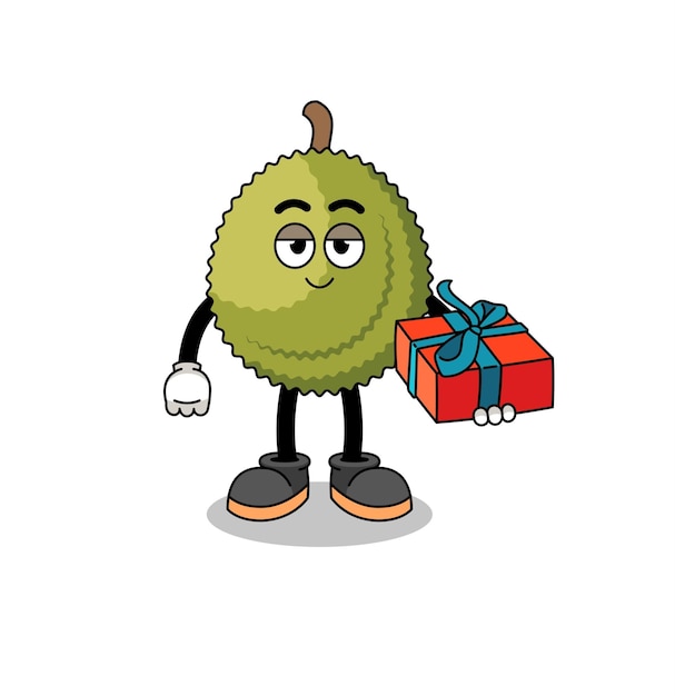 Durian fruit mascotte illustratie die een geschenk karakterontwerp geeft