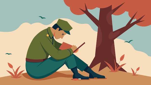 ベクトル 戦闘の静寂の間 ストア的な兵士が木に寄りかかって 愛する人の思い出を書いています