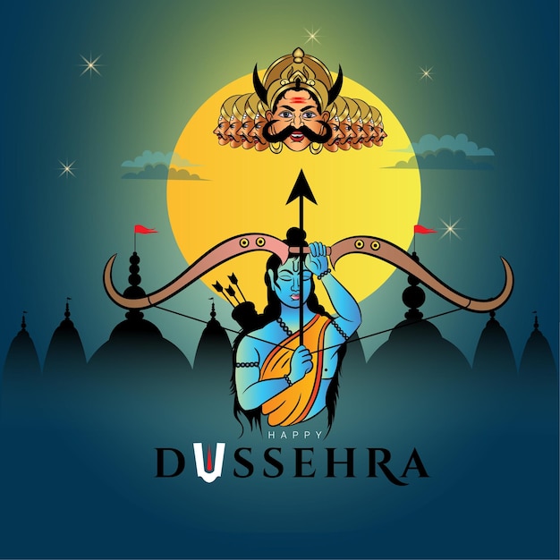 主ラーマのキャラクターのイラストと風景が描かれた Dussehra バナー