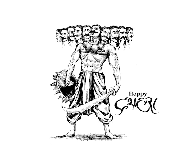 Vector dussehra celebration - angry ravana with ten heads, hand drawn sketch vector illustration.