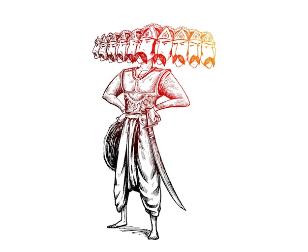 Vector dussehra celebration - ravana with sword, hand drawn sketch vector illustration.