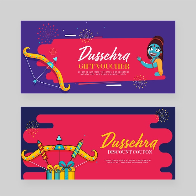 파란색과 빨간색으로 설정된 Dussehra 축제 상품권 또는 할인 쿠폰 배너
