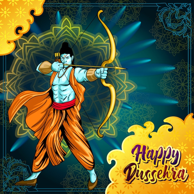 Dussehra greetings with ram aiming with bow and arrow