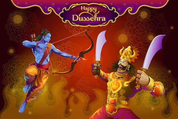 Vector dussehra greetings with rama and ravana