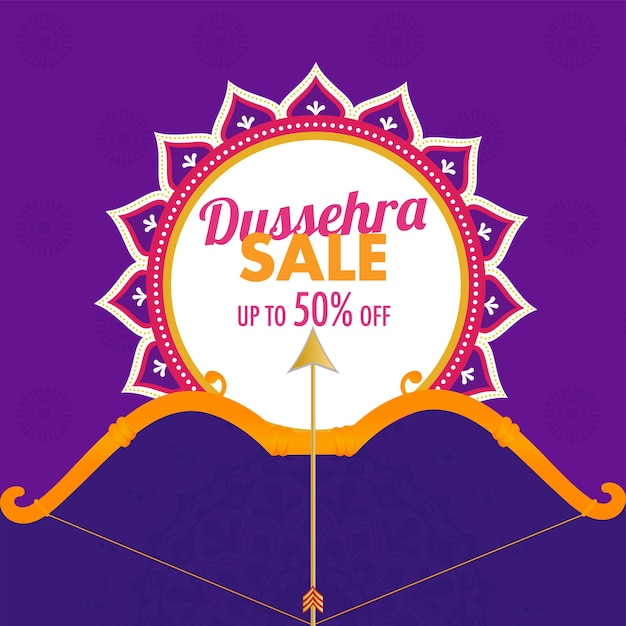 Dussehra sale poster design with bow arrow illustrazione