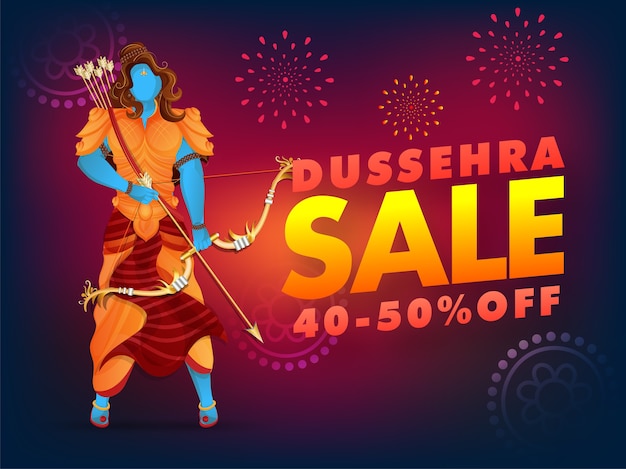 Dussehra sale poster discount offer and lord rama character on fireworks background.