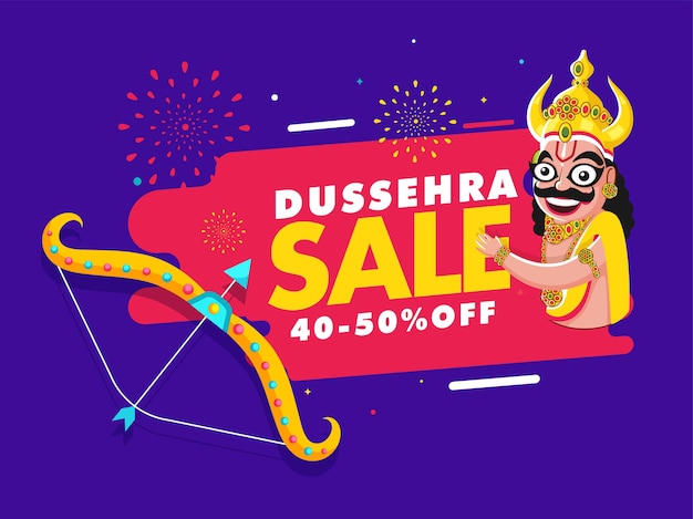 Dussehra sale poster kortingsaanbieding en demon ravana character op paarse en roze achtergrond.