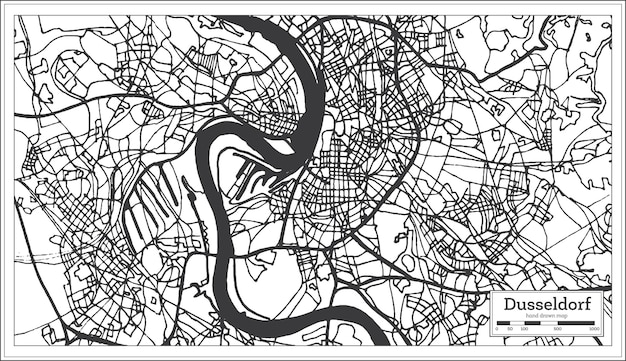 ベクトル レトロなスタイルのデュッセルドルフドイツの都市地図。白地図。ベクトルイラスト。