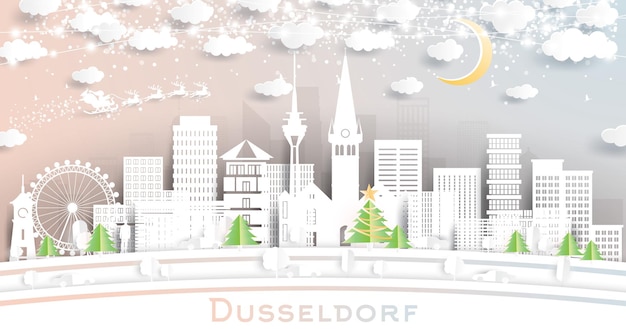 Dusseldorf Germany City Skyline in Paper Cut Style with Snowflakes Moon and Neon Garland