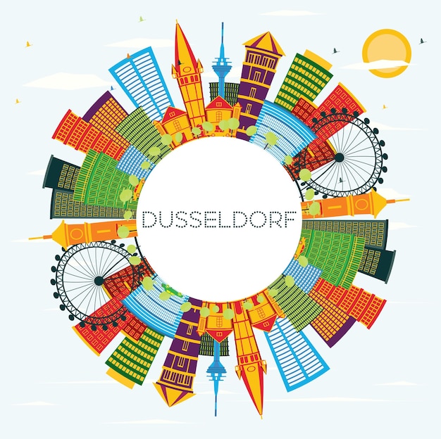 Dusseldorf Skyline met kleur gebouwen, blauwe lucht en kopie ruimte. Vectorillustratie. Zakelijk reizen en toerisme Concept met historische architectuur. Düsseldorf Duitsland stadsgezicht met monumenten.