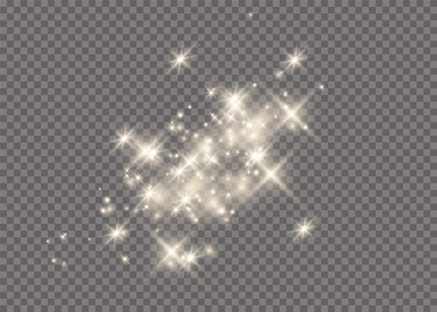 La polvere è gialla. scintille gialle e stelle dorate brillano di una luce speciale. vector brilla su uno sfondo trasparente. effetto luce natalizia. particelle di polvere magica scintillante.