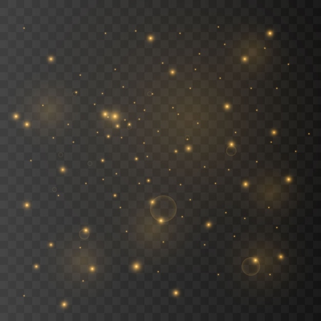 The dust is yellow. yellow sparks and golden stars shine with special light. Vector sparkles on a transparent background.