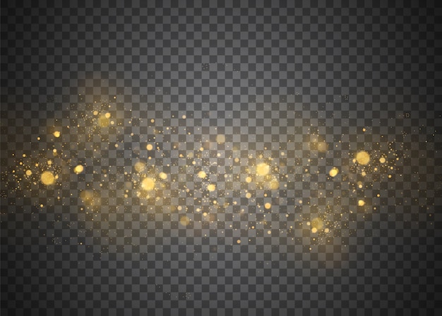 ほこりの火花と金色の星が特別な光で輝いています。透明な背景にきらめきます。クリスマスライト効果。きらめく魔法のほこりの粒子。