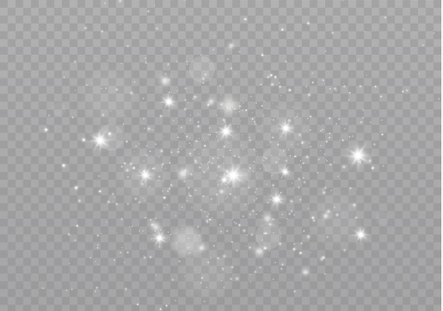 ほこりの火花と金色の星が特別な光で輝きます。透明な背景の上で輝きます。きらめく魔法のダスト粒子。