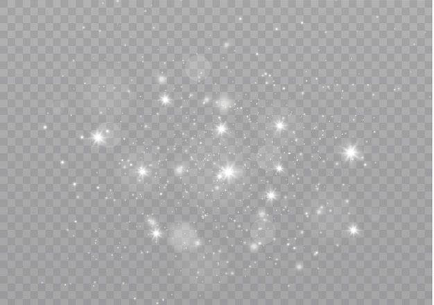 Le scintille di polvere e le stelle dorate brillano di luce speciale. brilla su uno sfondo trasparente. particelle di polvere magica scintillante.