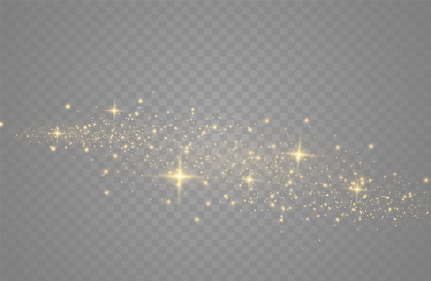 The dust sparks and golden stars shine with special light. Vector sparkles on a transparent background. Christmas light effect. Sparkling magical dust particles.