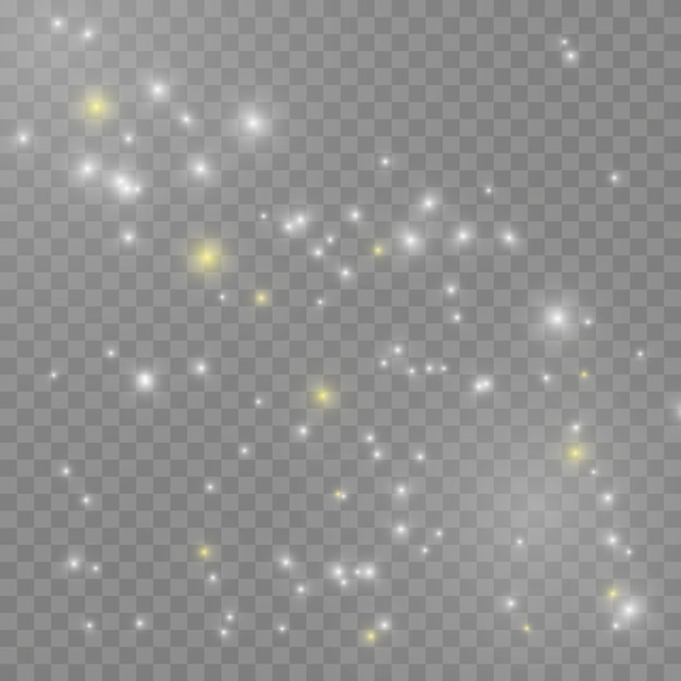 Le scintille di polvere e le stelle dorate brillano di una luce speciale. vector brilla su uno sfondo trasparente. effetto luce natalizia. particelle di polvere magica scintillante.