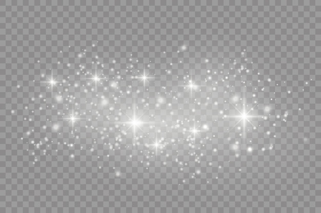 더스트 화이트. 하얀 불꽃과 황금빛 별이 특별한 빛으로 빛납니다. 벡터는 투명 한 배경에 반짝. 크리스마스 추상 패턴입니다.