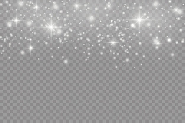 ほこり白。白い火花と金色の星が特別な光で輝いています。透明な背景にベクトルがきらめきます。クリスマスの抽象的なパターン。