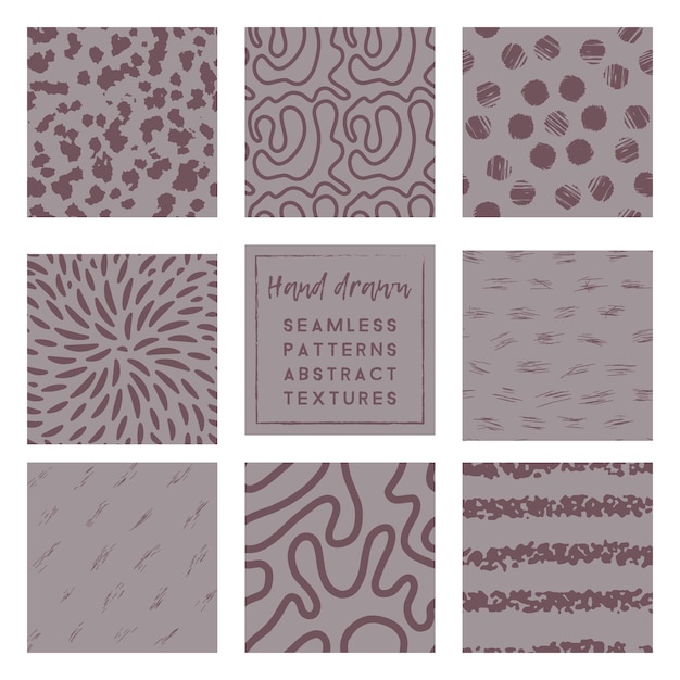 Dusty lavender seamless patterns collection with brush stroke elements