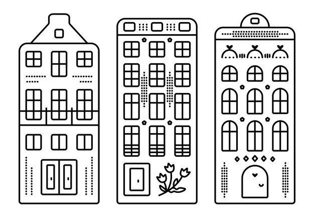 dutch architecture three canal houses in amsterdam style set of black line netherland buildings