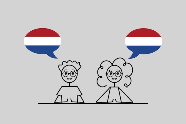 Parlanti olandesi vignetta ragazzo e ragazza con bolle di linguaggio nei colori della bandiera olandese apprendimento della lingua olandese illustrazione vettoriale