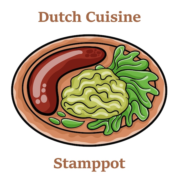 접시에 소시지가 닫혀 있는 감자 양배추와 당근의 네덜란드 우표