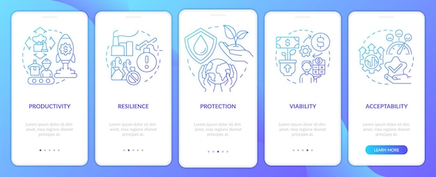 Duurzaam landbeheer blauwe gradiënt onboarding mobiele app-scherm Doorloop 5 stappen grafische instructiepagina's met lineaire concepten UI UX GUI-sjabloon Myriad ProBold Regelmatige gebruikte lettertypen