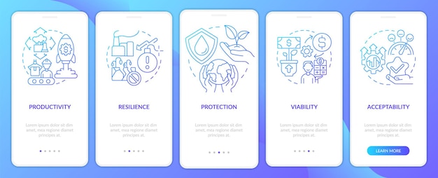 Duurzaam landbeheer blauwe gradiënt onboarding mobiele app-scherm Doorloop 5 stappen grafische instructiepagina's met lineaire concepten UI UX GUI-sjabloon Myriad ProBold Regelmatige gebruikte lettertypen
