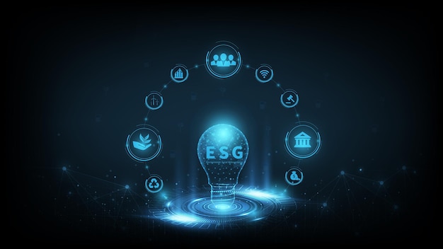 Duurzaam ondernemen op genetwerkte verbinding vectorillustratie op blauwe kleur achtergrond. ESG-pictogram