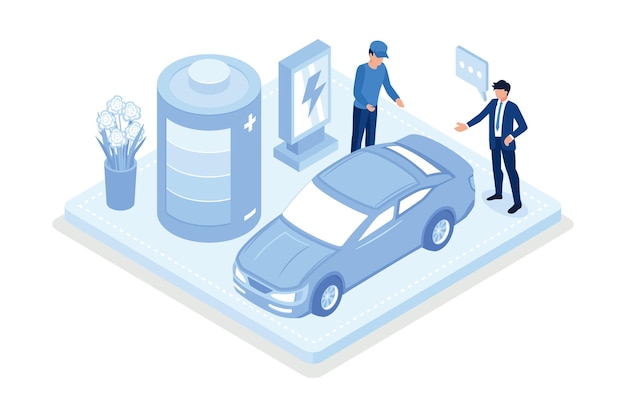 Duurzaamheid, mensen die de aarde proberen te redden met een elektrische auto met batterij, isometrische vector